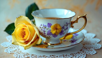 Fototapeta premium Still life featuring a lovely white cup accompanied by a yellow rose nearby.