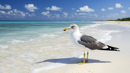 Obraz premium Solitary Seagull Standing on a Tranquil Sandy Beach with Gentle Ocean Waves in the Background, Showcasing a Peaceful Coastal Atmosphere and Serene Nature Scene.