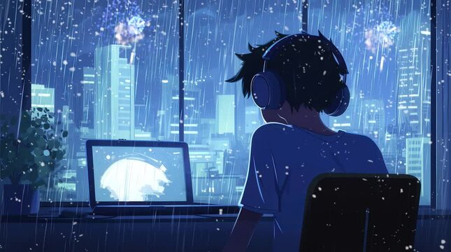 A person with headphones sits by the window, watching the rain fall over a cityscape at night. Soft lights reflect on the glass as fireworks sparkle in the distance, creating a serene atmosphere.