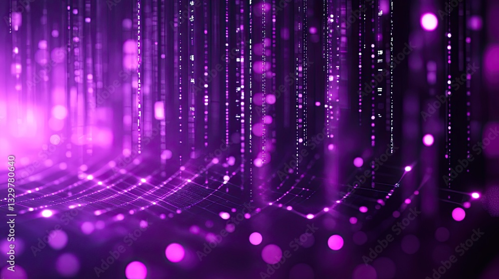 Poster abstract purple digital data stream background with glowing particles and lines