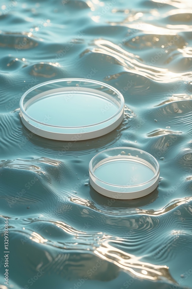 Poster two transparent clear white circle podiums on calm water texture with splashes and waves illuminated