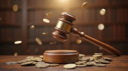 Dramatic wooden gavel surrounded by coins in courtroom