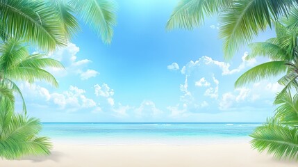 Obraz premium Tropical beach paradise, pristine sands, swaying palms, and azure sky tranquil