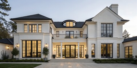 Elegant modern mansion with large windows and bright white facade