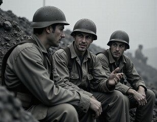 Fototapeta premium Intense battlefield discussion among soldiers in historical military uniforms during foggy conditions