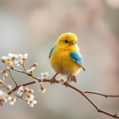 Obraz premium A cute yellow bird with blue wings sitting on a tree branch, surrounded by colorful blossoms in a soft, spring like scene