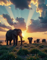 Fototapeten Majestic elephants at sunset in vibrant african landscape with dramatic clouds and golden sunrays © Ilya