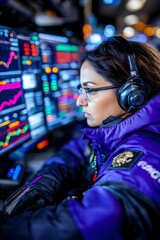 Fototapeta premium Focused woman in a control room, monitoring financial data