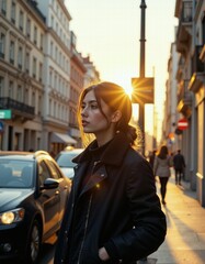 Obraz premium Urban autumn glow: contemplative stroll through golden city streets at sunset