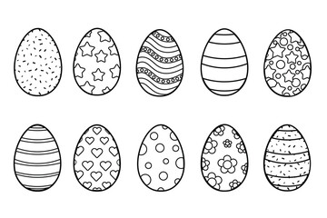 Set of easter eggs outline black and white design elements isolated on white background. Easter Eggs. Set of vector decorative eggs illustrations for coloring or line art style graphic designs.