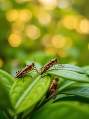 Naklejka premium Crickets Resting on Green Leaves with a Stunning Bokeh Light Backdrop
