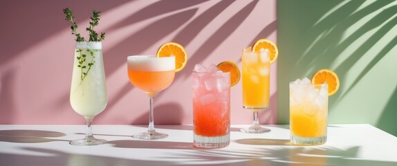 Fototapeta premium Summer cocktail featuring fruit and ice. Drink placed on a white table against a sunlit wall with palm leaf shadows. Tropical, fresh cocktail theme.