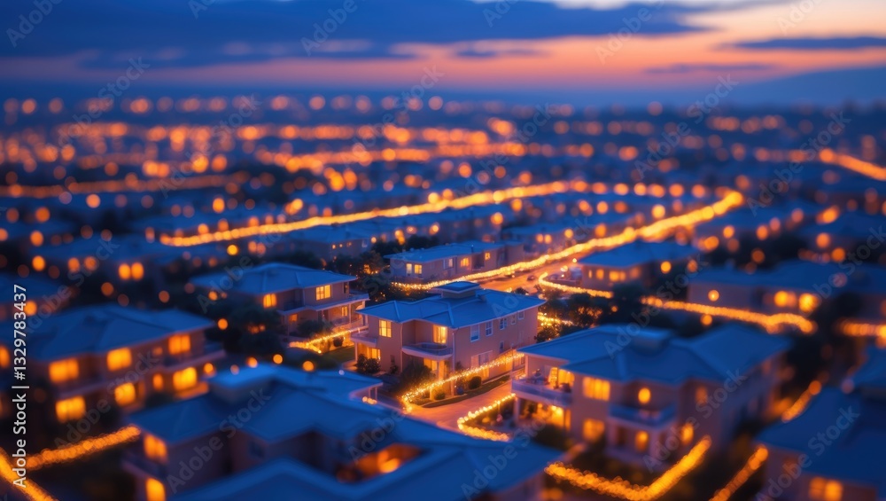 Poster high-angle view capturing the hidden glow of evening lights, creating a soft blur of nighttime illum