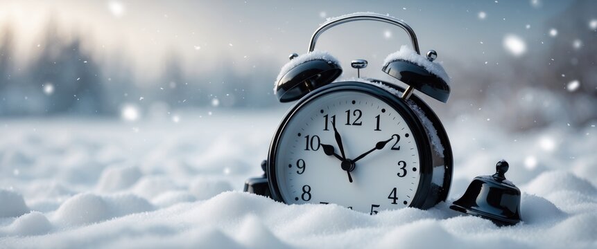 The clock in the snow indicates the time at. concept of winter approaching soon.