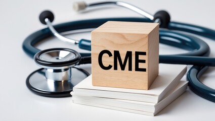 text CME is displayed on a wooden cube beside a stethoscope against a white background