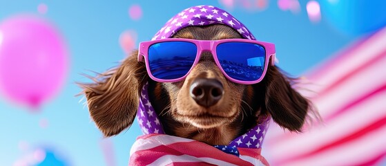Dachshund in sunglasses and bandana, patriotic theme, with balloons in the background.