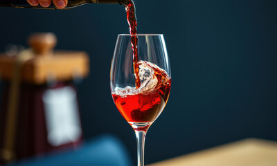 Pouring red wine into glass, creating swirl, with dark background. scene evokes sense of elegance and enjoyment