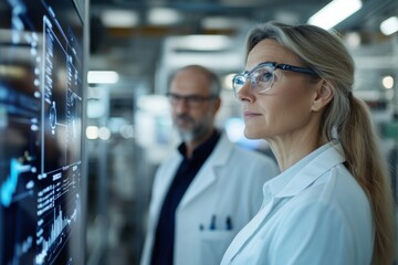 A woman in a lab coat thoughtfully examines visualized data on a high-tech screen, representing the interplay between science and technology in modern analytical processes.