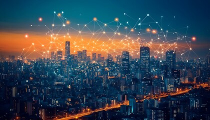 Fototapeta premium Smart city at night, network connection. (1)