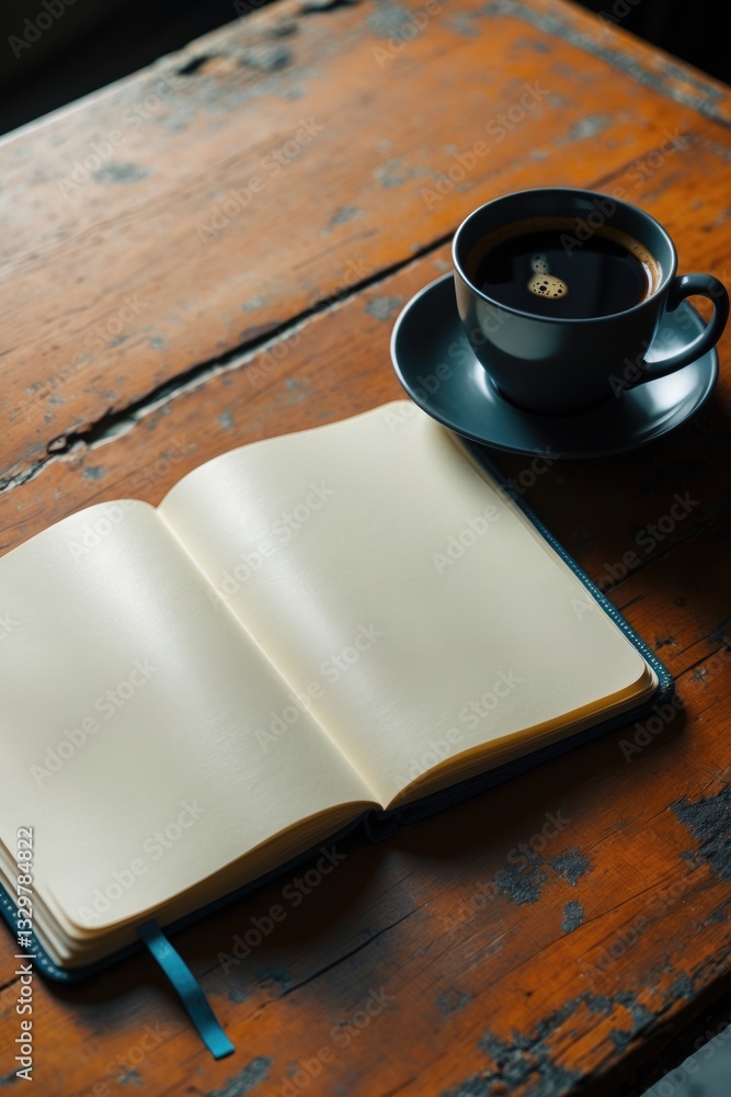 Poster top view of an open notebook with blank pages beside a cup of coffee on a wooden table, ready for ad