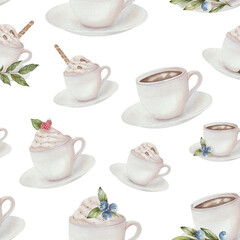 Cups of coffee with waffle rolls, raspberries, blueberries and green leaves. Seamless watercolor pattern. Isolated on white background. For wedding invitations, design, scrapbooking, printing, kitchen