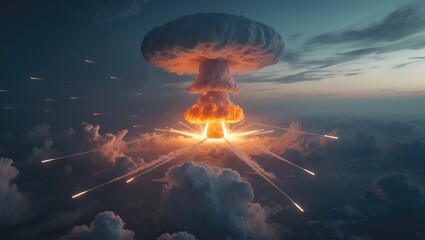 The conclusion of the world as we know it has come. Atomic bomb detonation observed from space. Airborne missiles for strikes. Bomb detonation. A hydrogen bomb. An atomic mushroom.