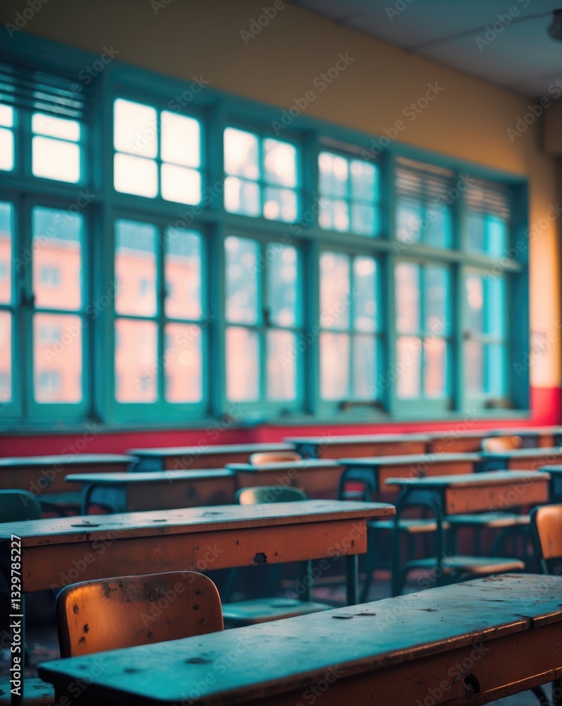 Poster empty classroom with rows of desks and seats featuring windows. there are no students, no traditiona