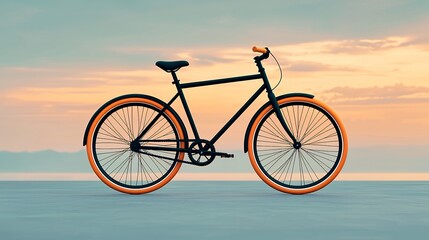 Pixel Art Bicycle at Sunset Black Frame, Orange Tires, Calm Water