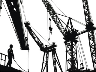 Vector illustration of a shipyard with cranes heavy machinery and equipment. Construction Worker Silhouette with Tower Cranes Background