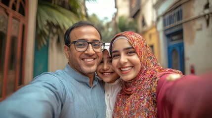Warm family selfie embracing togetherness on vibrant street after a delightful trip