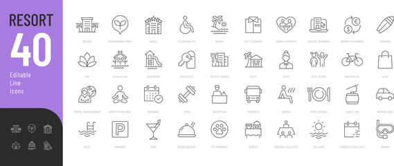 Resort Line Editable Icons set. Vector illustration in modern thin line style of hotel related icons: types of accommodation, service, transport, and more. Isolated on transparent background.