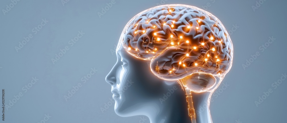 Poster digital rendering of a human brain with neural connections, glowing on a blue background.