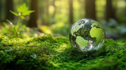 Glass Globe Representing Earth Resting on Lush Green Moss in a Forest Setting A Symbol of Environmental Conservation and Sustainability