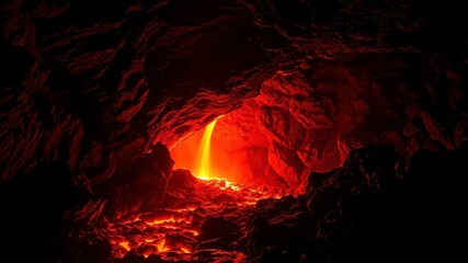 Fototapeta premium Bright Lava Flow Glowing in a Dark Cave, Casting Fiery Shadows on the Cave Walls