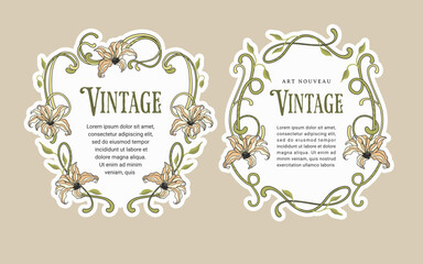 Elegant Art Nouveau Baroque Bohemian  Banner Set Vintage Frame Collection Ornamental Antique Lily Flower Motif