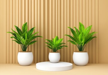 Obraz premium Three Green Plants on White Pedestal Against Beige Background