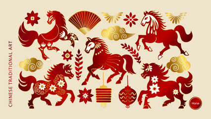 Elegant Chinese Horse Set Lunar New Year 2026 Vector Illustration Collection Traditional Horse Zodiac Silhouette