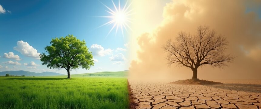 The lifeless tree in the dry land with air pollution contrasted with the thriving tree in the rich soil.