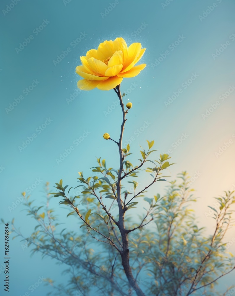 Poster this solitary image of a yellow bloom on a bush tree was created using copy space and a clipping pat