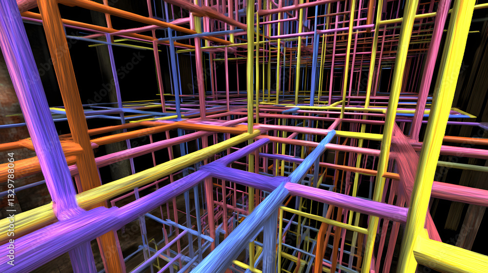 Poster intricate 3d structure of a grid-based modeling simulation showcasing innovative computer setup and 
