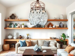  Bright Boho Living Room with Large Crystals and Gemstones on Wooden Shelves
