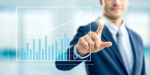 Corporate communication branding persuasion concept. Businessman interacting with digital charts and data visualization in a modern office environment.