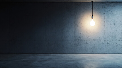 A minimalist concrete interior with a single light bulb illuminating the space.