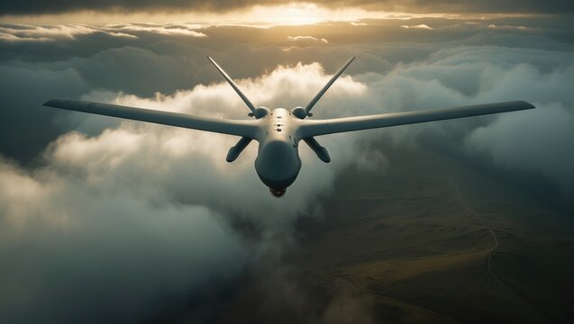 The movement of an unmanned aerial vehicle from clouds to the ground. A warfare drone hovers above the clouds.