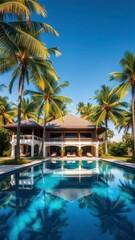 Obraz premium Exquisite tropical villa with expansive pool surrounded by coconut palms under a bright sunny sky