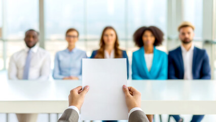 Diversity workplace hiring concept. A person holds a blank document in front of a panel of interviewers seated at a table.