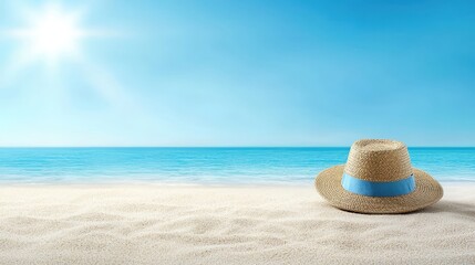 Beach day essentials, blue bag and hat for sun protection convenient carrying on the sandy shore