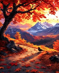 Naklejka premium Autumn Landscape with Tree, Mountains, and Colorful Leaves
