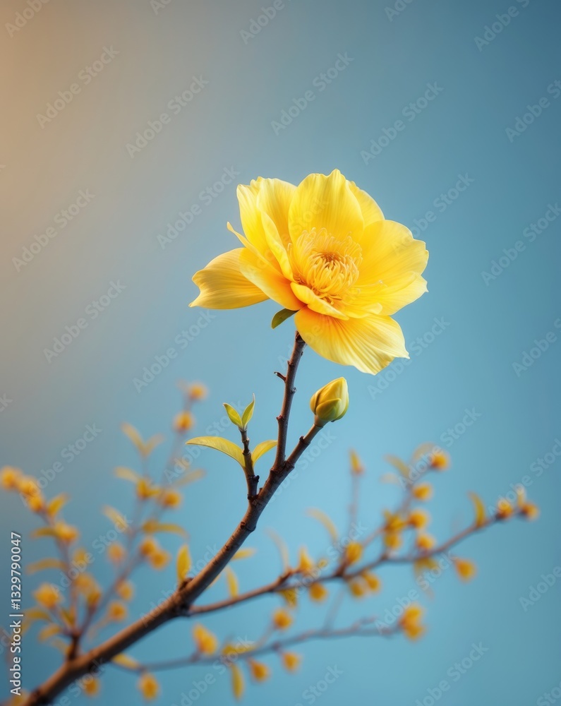 Poster this solitary image of a yellow bloom on a bush tree was produced using copy space and a clipping pa