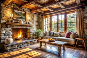 Fototapeta premium Rustic Living Room Interior Design: Wooden Bench Background - Cozy Home Decor
